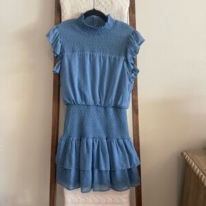 NWOT Aqua Dusty Blue Dot Textured Smocked Detailed Tiered Mini Dress